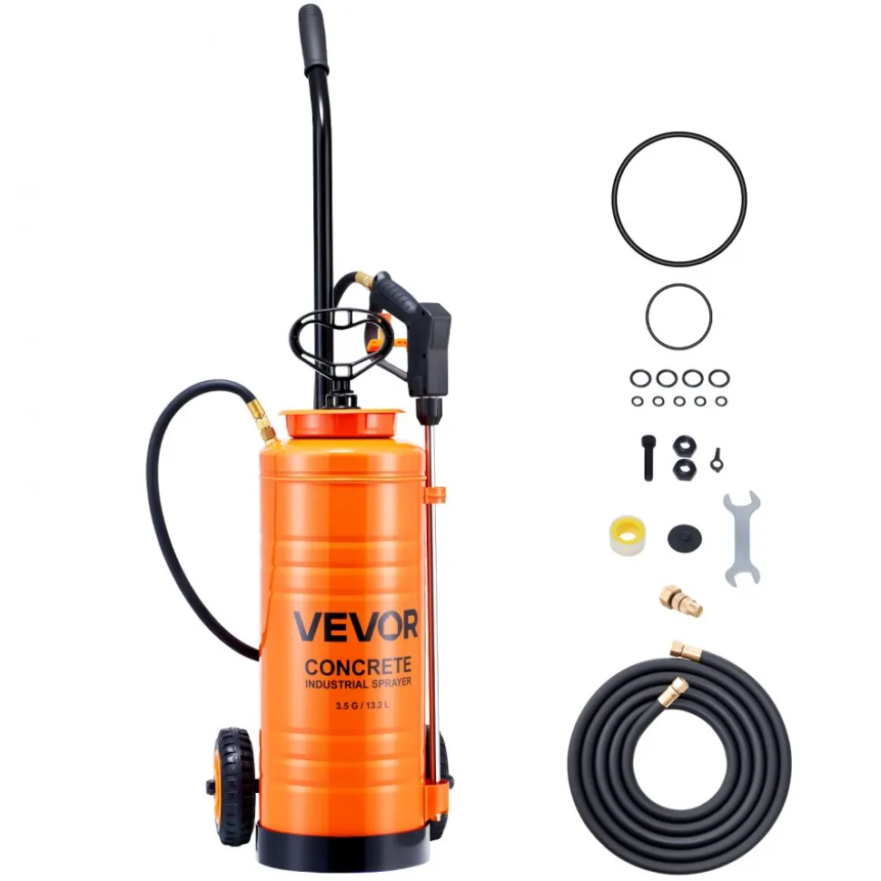VEVOR Industrial Concrete Sprayer with Wheeled Cart, 3.5 Gallon Stainless Steel Sprayer, Heavy Duty Tri-Poxy Pump Sprayers, 20.5"Wand, 48" & 120"Hoses, 2 Brass Nozzles for Construction, Lawn & Garden