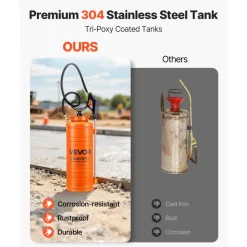 VEVOR Industrial Concrete Sprayer, 3.5 Gallon Stainless Steel Sprayer, Heavy Duty Tri-Poxy Pump Sprayers, 20.5"Wand with Ergonomic Gun Handle, 48"& 120"Hose, 2 Brass Nozzles for Construction, Garden