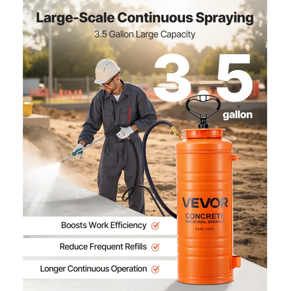 VEVOR Industrial Concrete Sprayer, 3.5 Gallon Stainless Steel Sprayer, Heavy Duty Tri-Poxy Pump Sprayers, 20.5"Wand with Ergonomic Gun Handle, 48"& 120"Hose, 2 Brass Nozzles for Construction, Garden