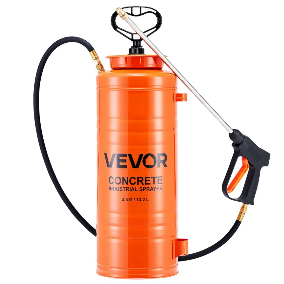 VEVOR Industrial Concrete Sprayer, 3.5 Gallon Stainless Steel Sprayer, Heavy Duty Tri-Poxy Pump Sprayers, 20.5"Wand with Ergonomic Gun Handle, 48"& 120"Hose, 2 Brass Nozzles for Construction, Garden