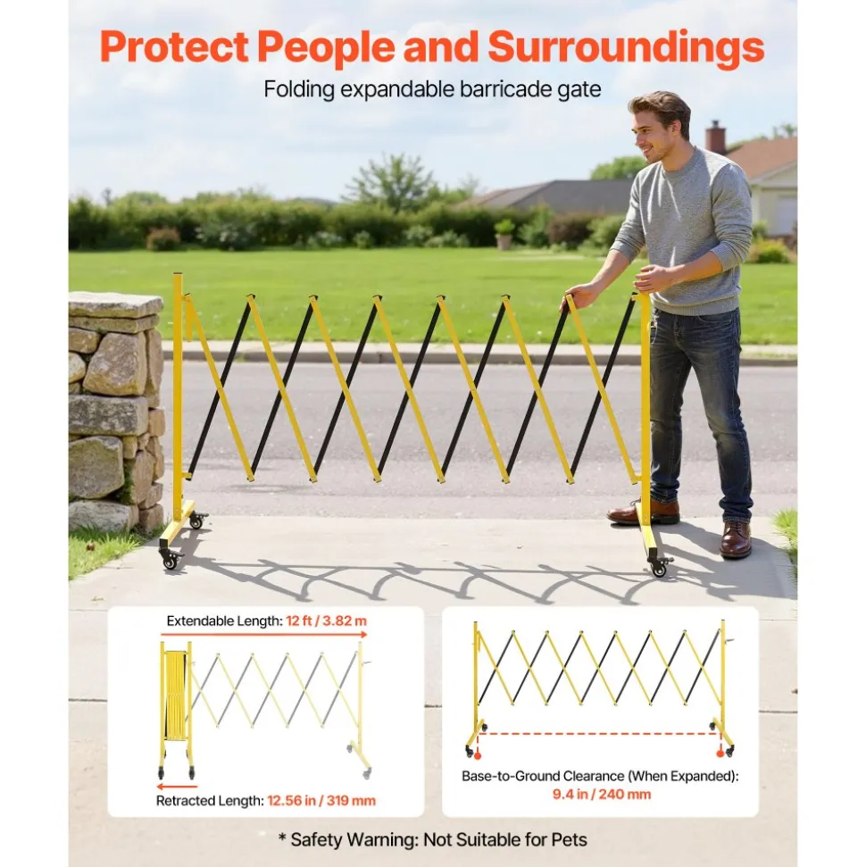 VEVOR Industrial Expandable Barricade, 12FT Expandable Safety Barrier, Flaxible Mobile Barricade with Locking Casters, Portable Folding Security Gate Traffic Fence for Driveway Warehouse Elevator