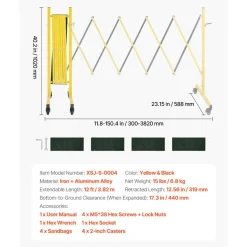VEVOR Industrial Expandable Barricade, 12FT Expandable Safety Barrier, Flaxible Mobile Barricade with Locking Casters, Portable Folding Security Gate Traffic Fence for Driveway Warehouse Elevator