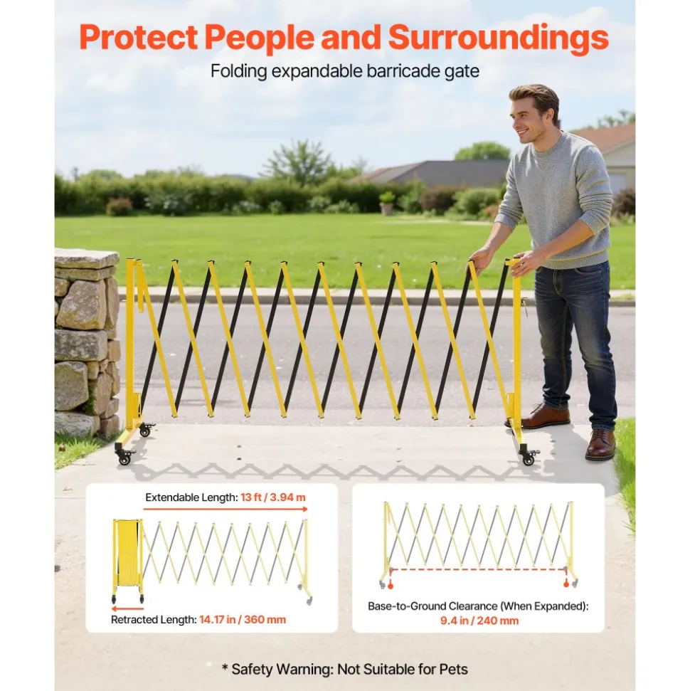 VEVOR Industrial Expandable Barricade, 13FT Expandable Safety Barrier, Flaxible Mobile Barricade with Locking Casters, Portable Folding Security Gate Traffic Fence for Driveway Warehouse Elevator