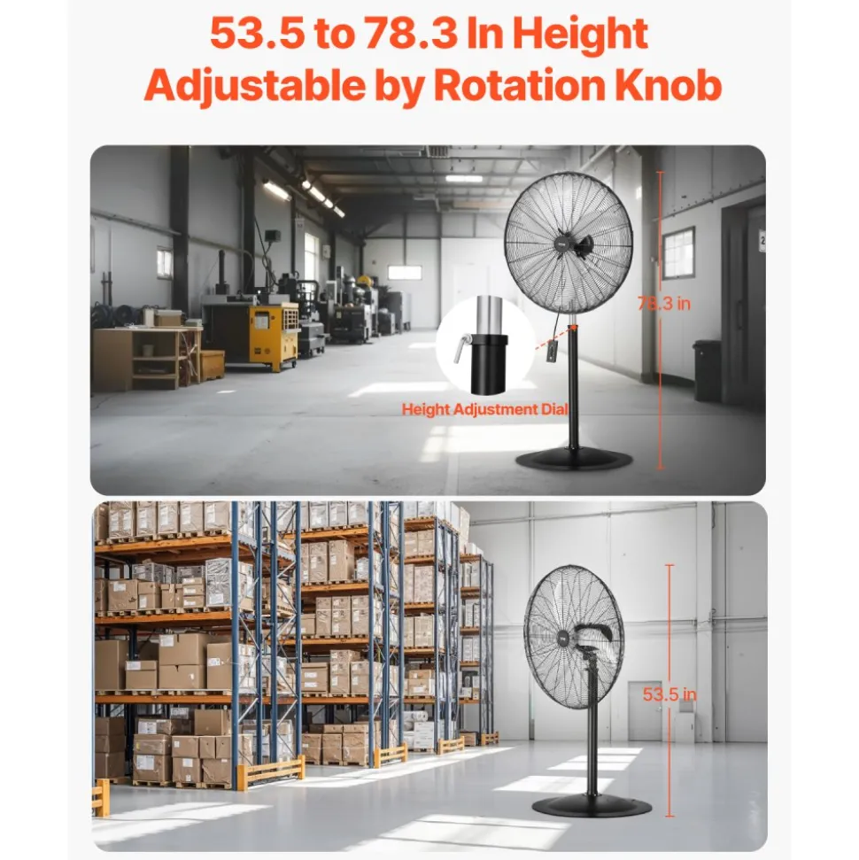VEVOR Industrial Pedestal Fan, 30 Inch 85-Degree Oscillating Fan, Height Adjustable Standing Fans with 3 Adjustable Speeds, High Power Fans for Warehouse,Garage,Commercial, Black
