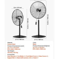 VEVOR Industrial Pedestal Fan, 30 Inch 85-Degree Oscillating Fan, Height Adjustable Standing Fans with 3 Adjustable Speeds, High Power Fans for Warehouse,Garage,Commercial, Black