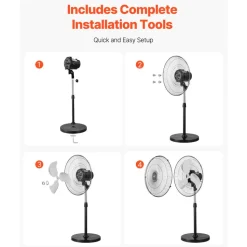 VEVOR Industrial Pedestal Fan, 18 Inch 90-Degree Oscillating Fan, Height Adjustable Standing Fans with 3 Adjustable Speeds, High Power Fans for Warehouse,Garage,Commercial,Residential, Black