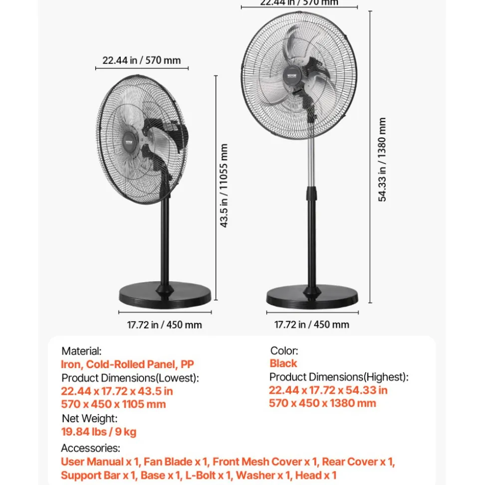 VEVOR Industrial Pedestal Fan, 18 Inch 90-Degree Oscillating Fan, Height Adjustable Standing Fans with 3 Adjustable Speeds, High Power Fans for Warehouse,Garage,Commercial,Residential, Black