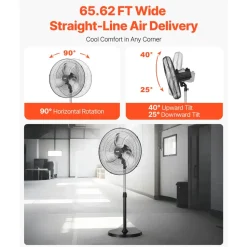 VEVOR Industrial Pedestal Fan, 18 Inch 90-Degree Oscillating Fan, Height Adjustable Standing Fans with 3 Adjustable Speeds, High Power Fans for Warehouse,Garage,Commercial,Residential, Black
