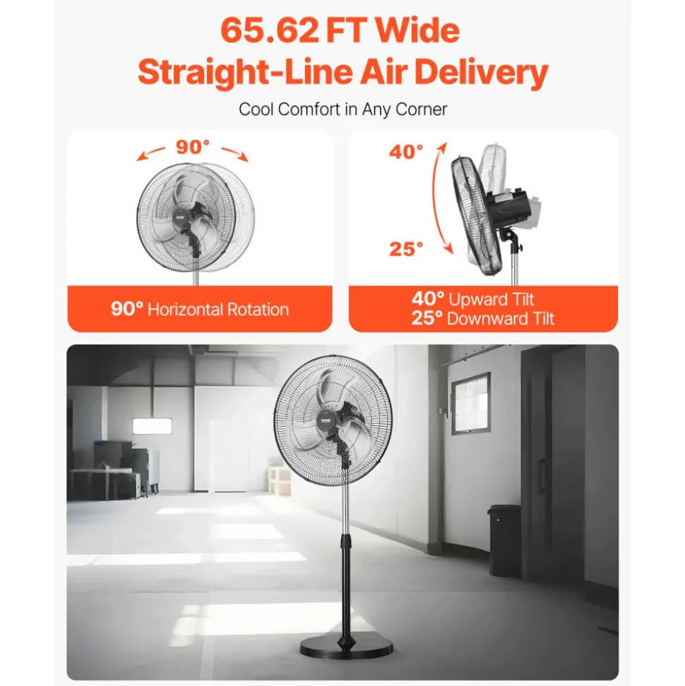 VEVOR Industrial Pedestal Fan, 18 Inch 90-Degree Oscillating Fan, Height Adjustable Standing Fans with 3 Adjustable Speeds, High Power Fans for Warehouse,Garage,Commercial,Residential, Black