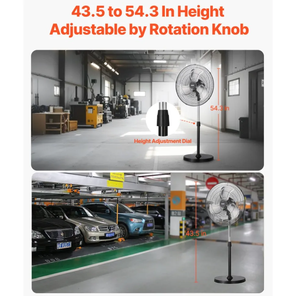 VEVOR Industrial Pedestal Fan, 18 Inch 90-Degree Oscillating Fan, Height Adjustable Standing Fans with 3 Adjustable Speeds, High Power Fans for Warehouse,Garage,Commercial,Residential, Black