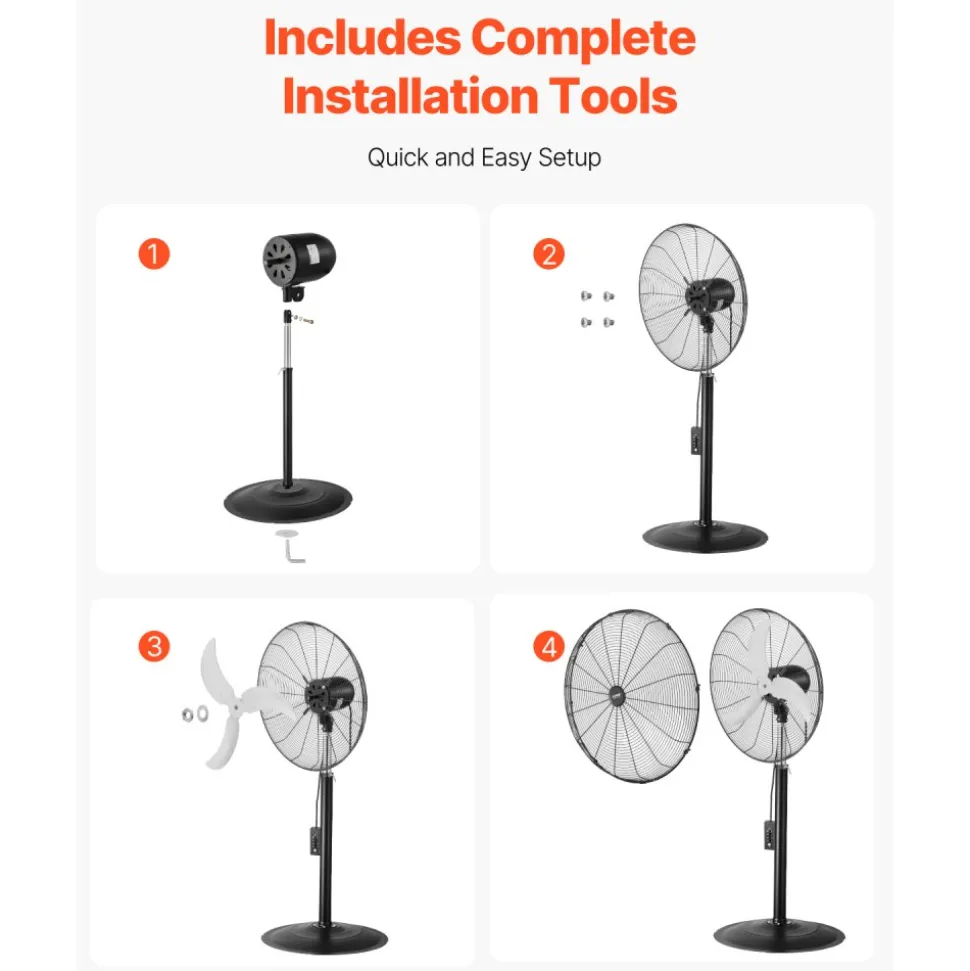 VEVOR Industrial Pedestal Fan, 24 Inch 85-Degree Oscillating Fan, Height Adjustable Standing Fans with 3 Adjustable Speeds, High Power Fans for Warehouse,Garage,Commercial, Black