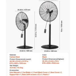 VEVOR Industrial Pedestal Fan, 24 Inch 85-Degree Oscillating Fan, Height Adjustable Standing Fans with 3 Adjustable Speeds, High Power Fans for Warehouse,Garage,Commercial, Black