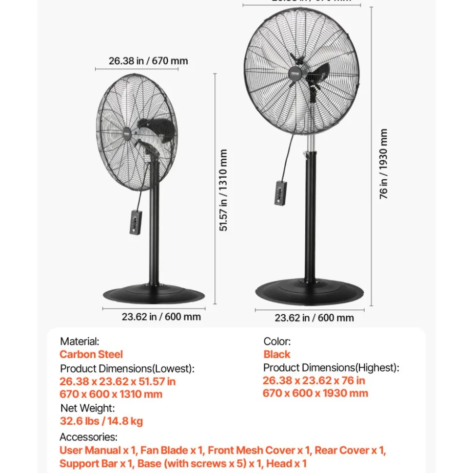 VEVOR Industrial Pedestal Fan, 24 Inch 85-Degree Oscillating Fan, Height Adjustable Standing Fans with 3 Adjustable Speeds, High Power Fans for Warehouse,Garage,Commercial, Black