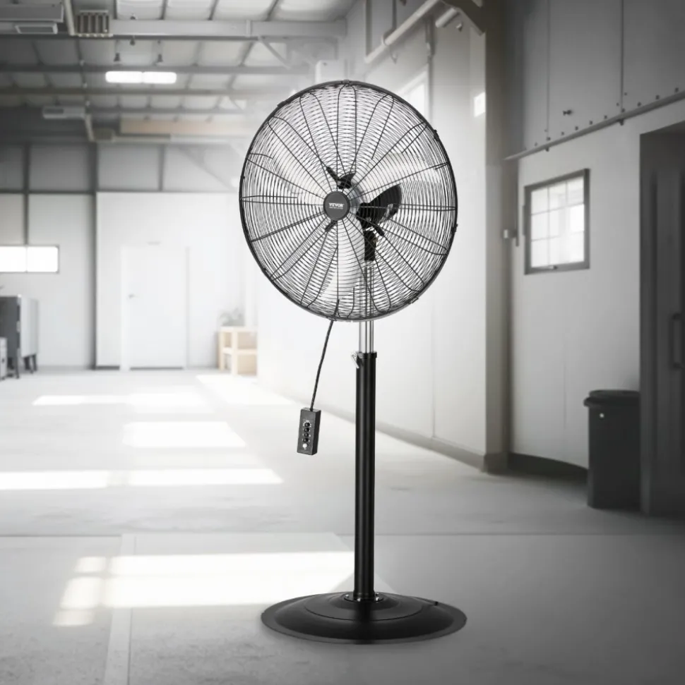 VEVOR Industrial Pedestal Fan, 24 Inch 85-Degree Oscillating Fan, Height Adjustable Standing Fans with 3 Adjustable Speeds, High Power Fans for Warehouse,Garage,Commercial, Black