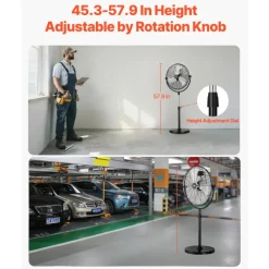 VEVOR Industrial Pedestal Fan, 18 Inch Standing Fan with 45.3 to 57.9 Inches Adjustable Height, Floor Fans with 3 Adjustable Speeds, High Power Fans for Warehouse,Garage,Commercial,Residential, Black