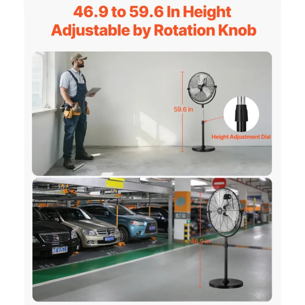 VEVOR Industrial Pedestal Fan, 20 Inch Standing Fan with 46.9 to 59.6 Inches Adjustable Height, Floor Fans with 3 Adjustable Speeds, High Power Fans for Warehouse,Garage,Commercial,Residential, Black