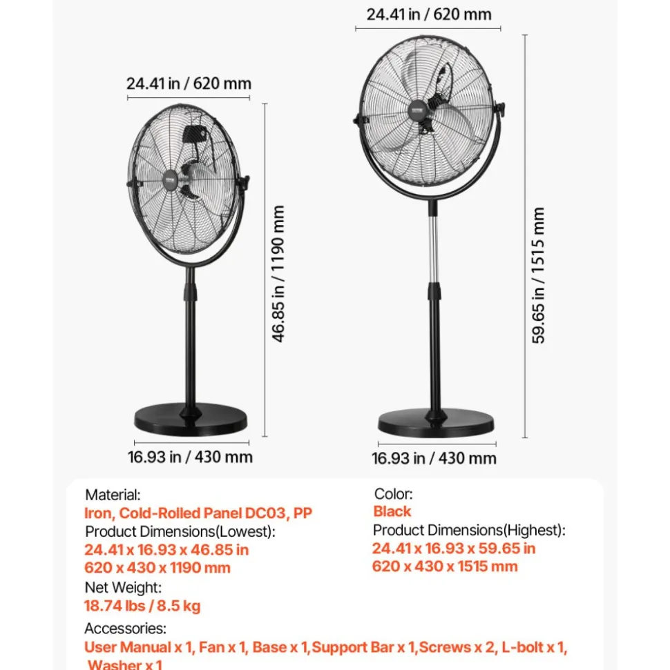 VEVOR Industrial Pedestal Fan, 20 Inch Standing Fan with 46.9 to 59.6 Inches Adjustable Height, Floor Fans with 3 Adjustable Speeds, High Power Fans for Warehouse,Garage,Commercial,Residential, Black