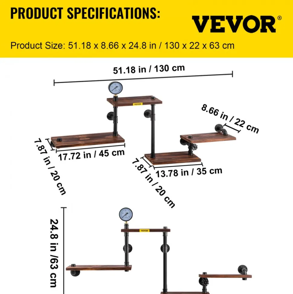 VEVOR Industrial Pipe Shelving, Pipe Shelves with 4-Tier Wood Planks, Rustic Floating Shelves Wall Mounted, Wall Shelf DIY Bookshelf for Bar Kitchen Bathroom Farmhouse Living Room, 51x25x9 inch