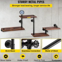 VEVOR Industrial Pipe Shelving, Pipe Shelves with 4-Tier Wood Planks, Rustic Floating Shelves Wall Mounted, Wall Shelf DIY Bookshelf for Bar Kitchen Bathroom Farmhouse Living Room, 51x25x9 inch