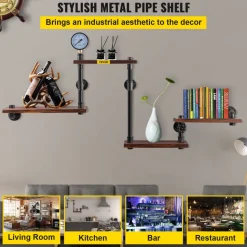 VEVOR Industrial Pipe Shelving, Pipe Shelves with 4-Tier Wood Planks, Rustic Floating Shelves Wall Mounted, Wall Shelf DIY Bookshelf for Bar Kitchen Bathroom Farmhouse Living Room, 51x25x9 inch