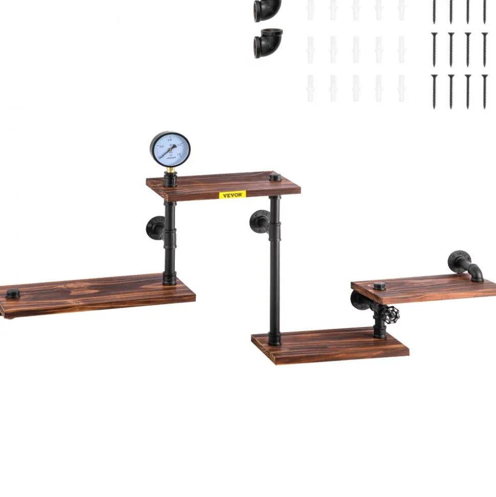 VEVOR Industrial Pipe Shelving, Pipe Shelves with 4-Tier Wood Planks, Rustic Floating Shelves Wall Mounted, Wall Shelf DIY Bookshelf for Bar Kitchen Bathroom Farmhouse Living Room, 51x25x9 inch