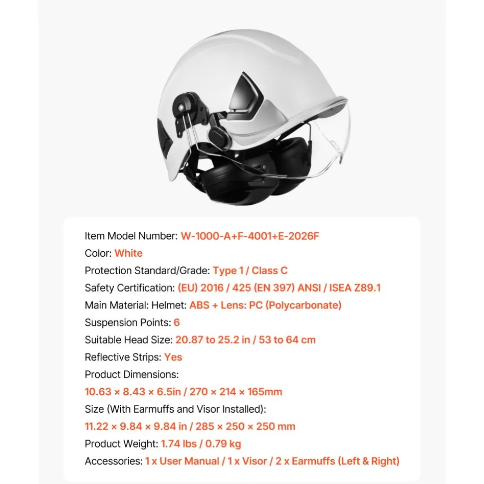 VEVOR Industrial Safety Helmet, ANSI/ISEA Z89.1 Approved ABS Hard Hat with Visor & Earmuffs, 6-Point Ratchet Suspension, Adjustable Vented Hardhat for Men & Women, for Outdoor Construction Workwear
