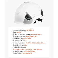 VEVOR Industrial Safety Helmet, ANSI/ISEA Z89.1 Approved ABS Safety Hard Hat with 6-Point Ratchet Suspension, Adjustable Vented Hardhat for Men Women Adults, for Outdoor Indoor Construction Workwear