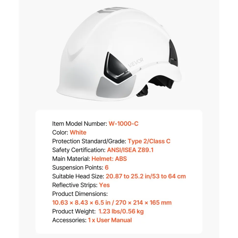 VEVOR Industrial Safety Helmet, ANSI/ISEA Z89.1 Approved ABS Safety Hard Hat with 6-Point Ratchet Suspension, Adjustable Vented Hardhat for Men Women Adults, for Outdoor Indoor Construction Workwear
