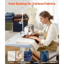 VEVOR Industrial Sewing Machine, 550W Lockstitch Sewing Machine Set with Servo Motor and Table Stand, Auto Thread Trimmer, 5000 SPM High Speed, Metal Frame, LCD Panel, LED Light, for Cotton, Denim, The Table Stand and the machine head Are Shipped Separately.