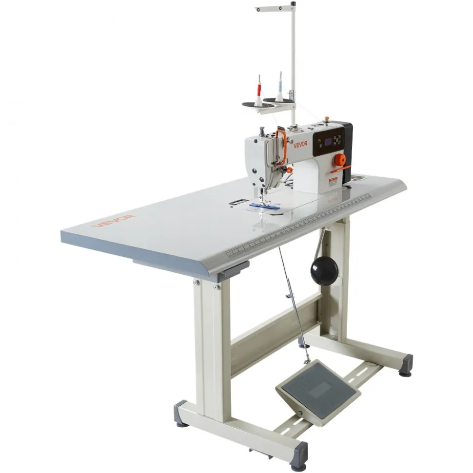 VEVOR Industrial Sewing Machine, 550W Lockstitch Sewing Machine Set with Servo Motor and Table Stand, Auto Thread Trimmer, 5000 SPM High Speed, Metal Frame, LCD Panel, LED Light, for Cotton, Denim, The Table Stand and the machine head Are Shipped Separately.