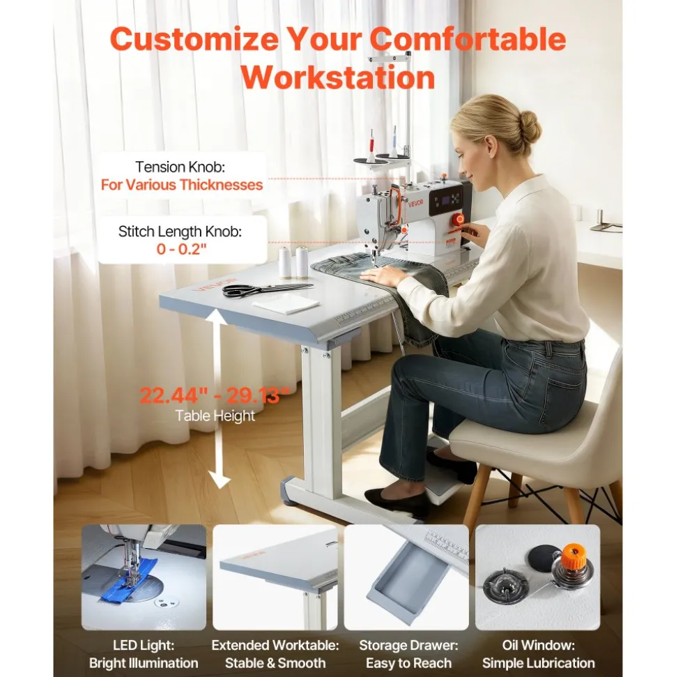 VEVOR Industrial Sewing Machine, 550W Lockstitch Sewing Machine Set with Servo Motor and Table Stand, Auto Thread Trimmer, 5000 SPM High Speed, Metal Frame, LCD Panel, LED Light, for Cotton, Denim, The Table Stand and the machine head Are Shipped Separately.