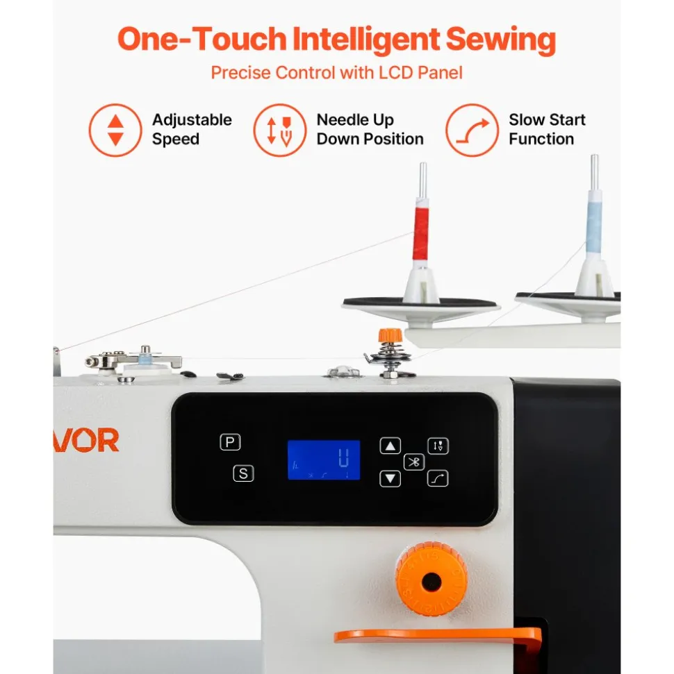 VEVOR Industrial Sewing Machine, 550W Lockstitch Sewing Machine Set with Servo Motor and Table Stand, Auto Thread Trimmer, 5000 SPM High Speed, Metal Frame, LCD Panel, LED Light, for Cotton, Denim, The Table Stand and the machine head Are Shipped Separately.