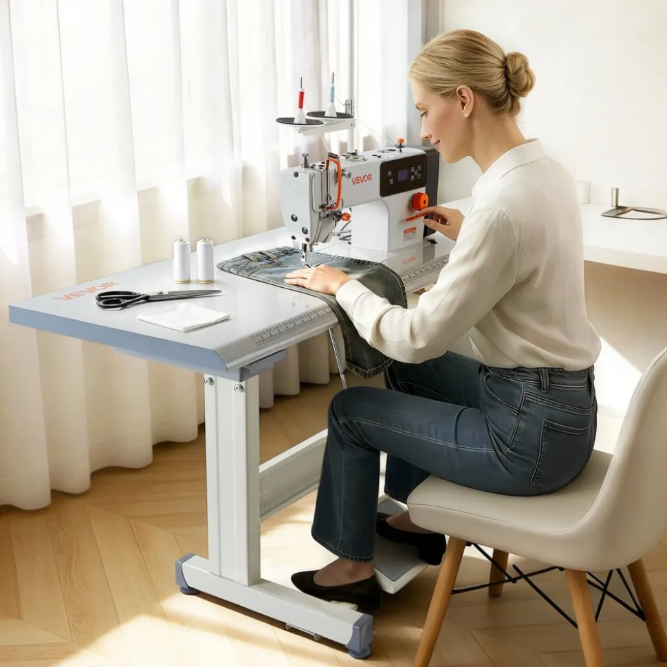 VEVOR Industrial Sewing Machine, 550W Lockstitch Sewing Machine Set with Servo Motor and Table Stand, Auto Thread Trimmer, 5000 SPM High Speed, Metal Frame, LCD Panel, LED Light, for Cotton, Denim, The Table Stand and the machine head Are Shipped Separately.