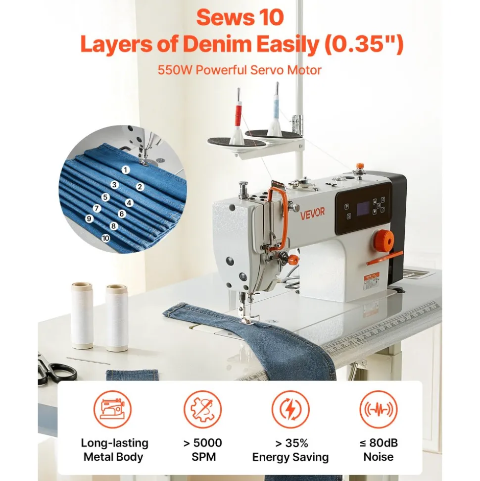 VEVOR Industrial Sewing Machine, 550W Lockstitch Sewing Machine Set with Servo Motor and Table Stand, Auto Thread Trimmer, 5000 SPM High Speed, Metal Frame, LCD Panel, LED Light, for Cotton, Denim, The Table Stand and the machine head Are Shipped Separately.