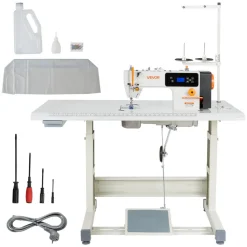 VEVOR Industrial Sewing Machine, 550W Lockstitch Sewing Machine Set with Servo Motor and Table Stand, Auto Thread Trimmer, 5000 SPM High Speed, Metal Frame, LCD Panel, LED Light, for Cotton, Denim, The Table Stand and the machine head Are Shipped Separately.