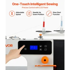 VEVOR Industrial Sewing Machine, 550W Lockstitch Sewing Machine Set with Servo Motor and Table Stand, 5000 SPM High Speed, Metal Frame, LCD Panel, LED Light, for Cotton, Wool, Denim, Leather, Canvas，The Table Stand and The Machine Head Are Shipped Separately.