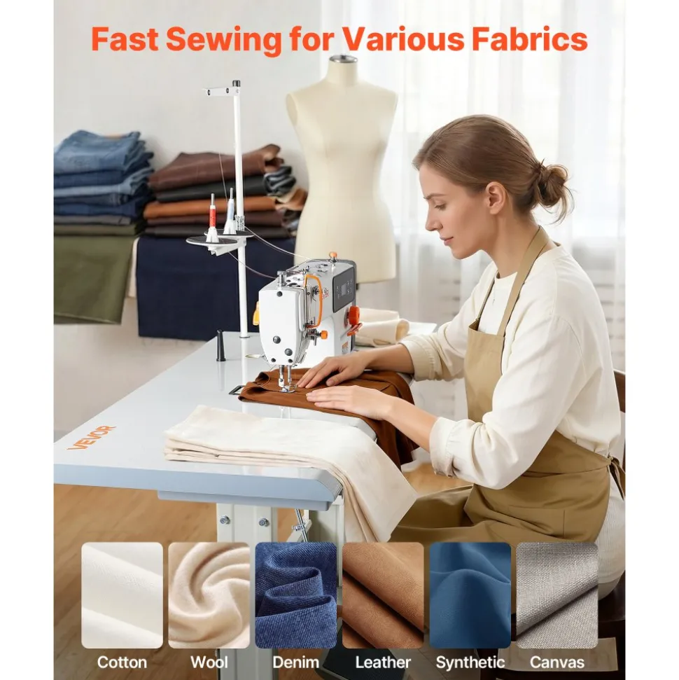 VEVOR Industrial Sewing Machine, 550W Lockstitch Sewing Machine Set with Servo Motor and Table Stand, 5000 SPM High Speed, Metal Frame, LCD Panel, LED Light, for Cotton, Wool, Denim, Leather, Canvas,The Table Stand and The Machine Head Are Shipped Separately.