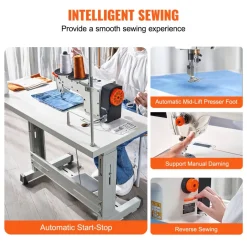 VEVOR Industrial Sewing Machine, 550W Servo Motor and Table Stand, 5000s.p.m Heavy-duty Lockstitch Sewing Machine, Clear Control Panel and Electro-mechanization Intelligent Start-stop for Easy Use