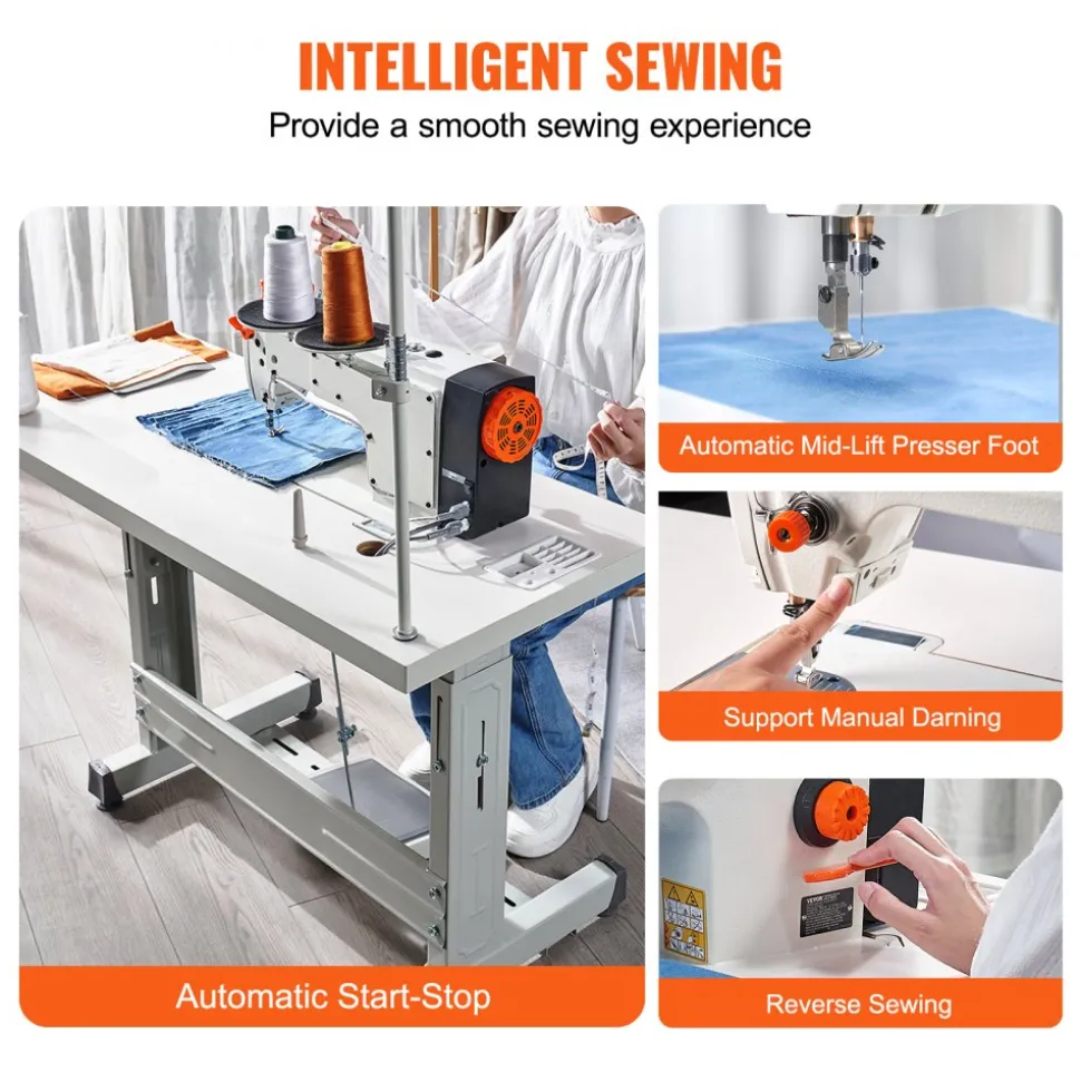 VEVOR Industrial Sewing Machine, 550W Servo Motor and Table Stand, 5000s.p.m Heavy-duty Lockstitch Sewing Machine, Clear Control Panel and Electro-mechanization Intelligent Start-stop for Easy Use