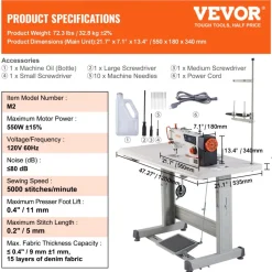VEVOR Industrial Sewing Machine, Upgraded 550W Servo Motor with Table Stand, 5000s.p.m Heavy Duty Lockstitch Sewing Machine, High Speed, Clear Control Panel and Electro-mechanization Start-stop
