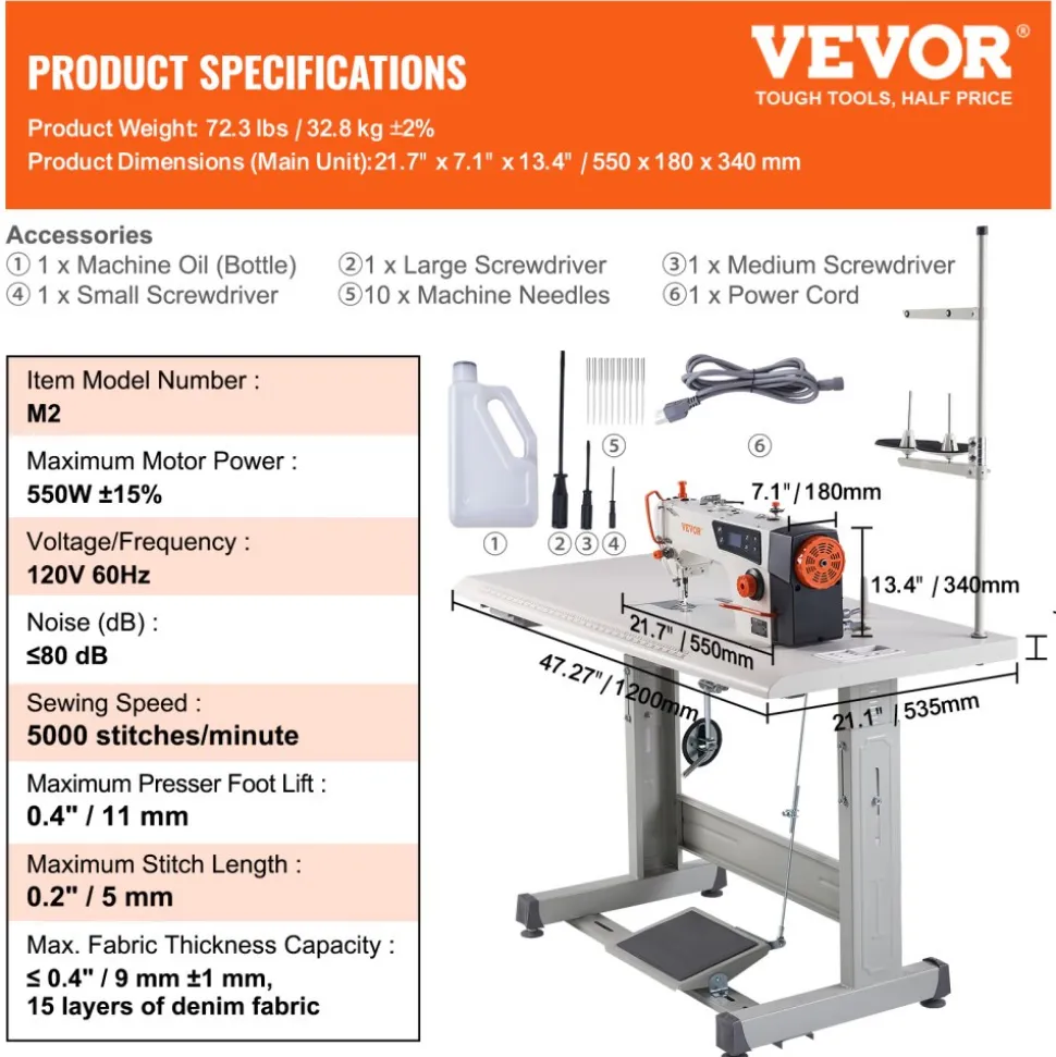 VEVOR Industrial Sewing Machine, Upgraded 550W Servo Motor with Table Stand, 5000s.p.m Heavy Duty Lockstitch Sewing Machine, High Speed, Clear Control Panel and Electro-mechanization Start-stop