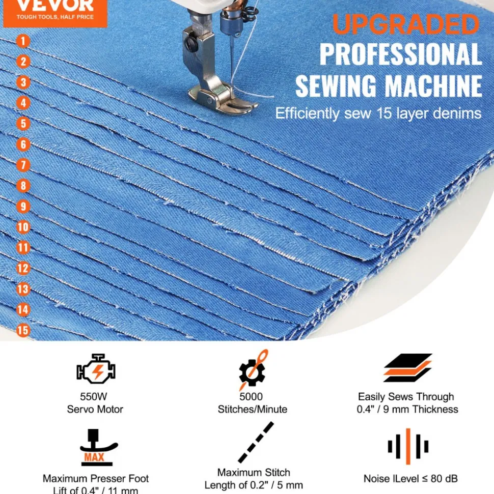 VEVOR Industrial Sewing Machine, Upgraded 550W Servo Motor with Table Stand, 5000s.p.m Heavy Duty Lockstitch Sewing Machine, High Speed, Clear Control Panel and Electro-mechanization Start-stop