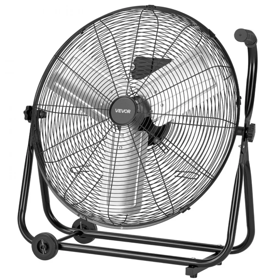 VEVOR Industrial Shop Fan, 24 Inch Floor Drum Fan, High Velocity 7500 CFM, Heavy Duty Aluminum Blades, 3 Speeds, 360 Degree Tilt, Ideal for Commercial, Garage, Warehouse, Basement, Workshop, Black