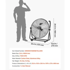 VEVOR Industrial Shop Fan, 24 Inch Floor Drum Fan, High Velocity 7500 CFM, Heavy Duty Aluminum Blades, 3 Speeds, 360 Degree Tilt, Ideal for Commercial, Garage, Warehouse, Basement, Workshop, Black