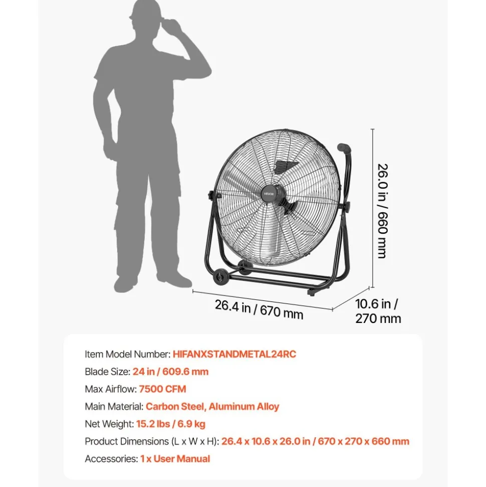 VEVOR Industrial Shop Fan, 24 Inch Floor Drum Fan, High Velocity 7500 CFM, Heavy Duty Aluminum Blades, 3 Speeds, 360 Degree Tilt, Ideal for Commercial, Garage, Warehouse, Basement, Workshop, Black