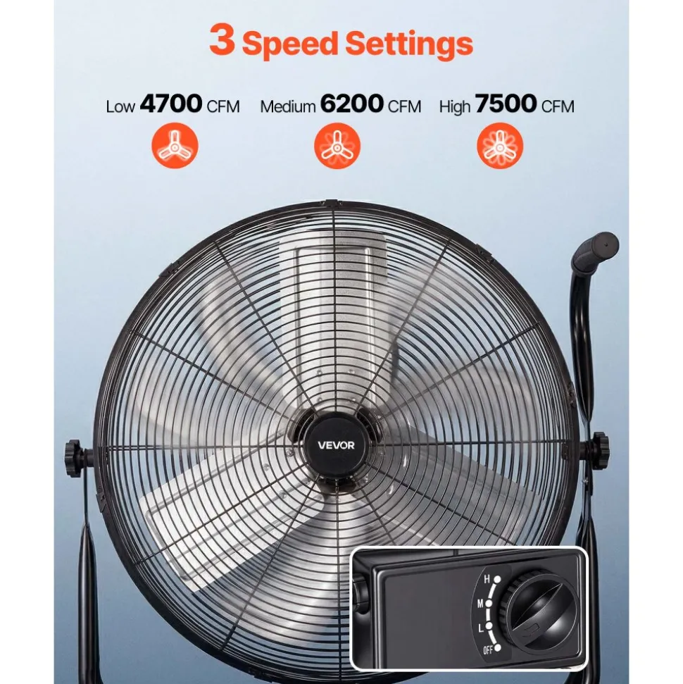 VEVOR Industrial Shop Fan, 24 Inch Floor Drum Fan, High Velocity 7500 CFM, Heavy Duty Aluminum Blades, 3 Speeds, 360 Degree Tilt, Ideal for Commercial, Garage, Warehouse, Basement, Workshop, Black