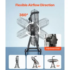 VEVOR Industrial Shop Fan, 24 Inch Floor Drum Fan, High Velocity 7500 CFM, Heavy Duty Aluminum Blades, 3 Speeds, 360 Degree Tilt, Ideal for Commercial, Garage, Warehouse, Basement, Workshop, Black