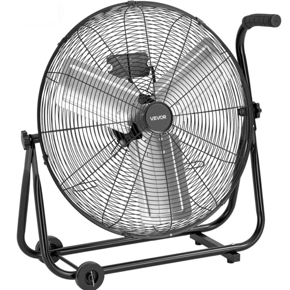 VEVOR Industrial Shop Fan, 24 Inch Floor Drum Fan, High Velocity 7500 CFM, Heavy Duty Aluminum Blades, 3 Speeds, 360 Degree Tilt, Ideal for Commercial, Garage, Warehouse, Basement, Workshop, Black