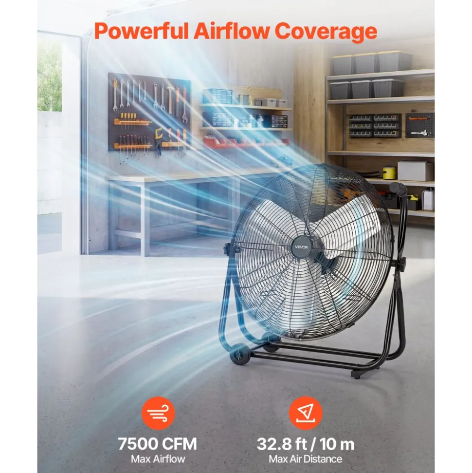 VEVOR Industrial Shop Fan, 24 Inch Floor Drum Fan, High Velocity 7500 CFM, Heavy Duty Aluminum Blades, 3 Speeds, 360 Degree Tilt, Ideal for Commercial, Garage, Warehouse, Basement, Workshop, Black