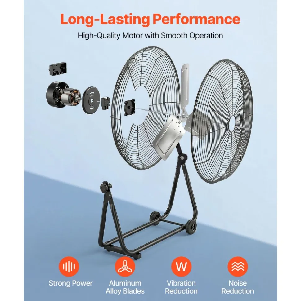 VEVOR Industrial Shop Fan, 24 Inch Floor Drum Fan, High Velocity 7500 CFM, Heavy Duty Aluminum Blades, 3 Speeds, 360 Degree Tilt, Ideal for Commercial, Garage, Warehouse, Basement, Workshop, Black